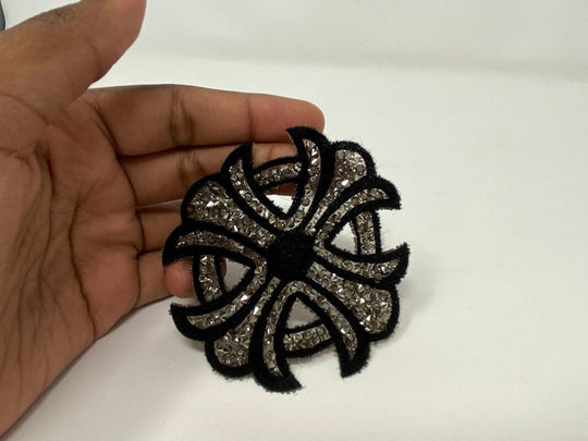 Beautiful, Onyx "Cross" 3" Circular Badge, Metallic Crest, DIY, Velvet Applique, Iron On Patch, Retro, Gray Metallic, Applique for Denim