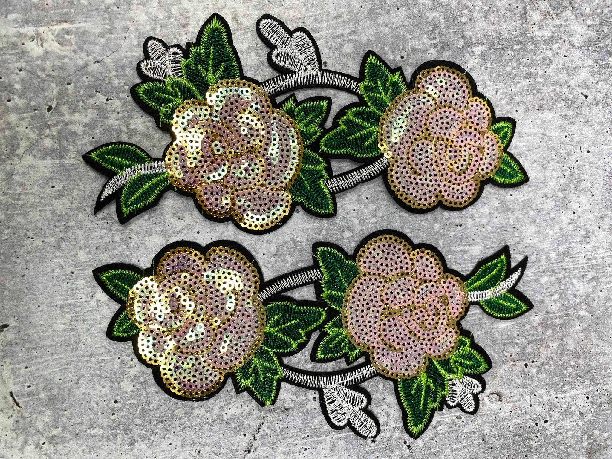 Floral 2 pc set, PINK Sequins Roses (size 6-inches), Matching Embroidered iron-on floral patches, Flower Patches, Cute Patches for Clothing