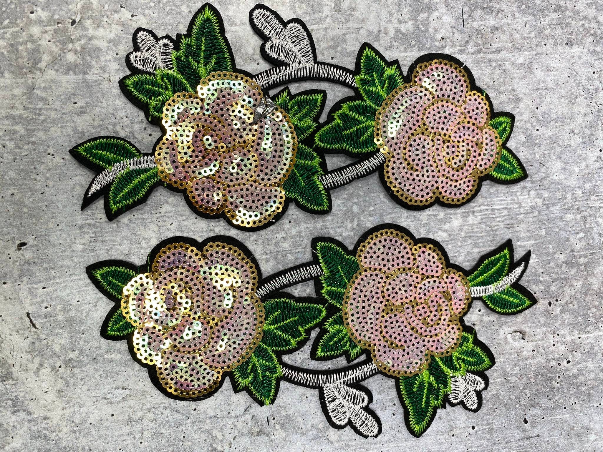 Floral 2 pc set, PINK Sequins Roses (size 6-inches), Matching Embroidered iron-on floral patches, Flower Patches, Cute Patches for Clothing