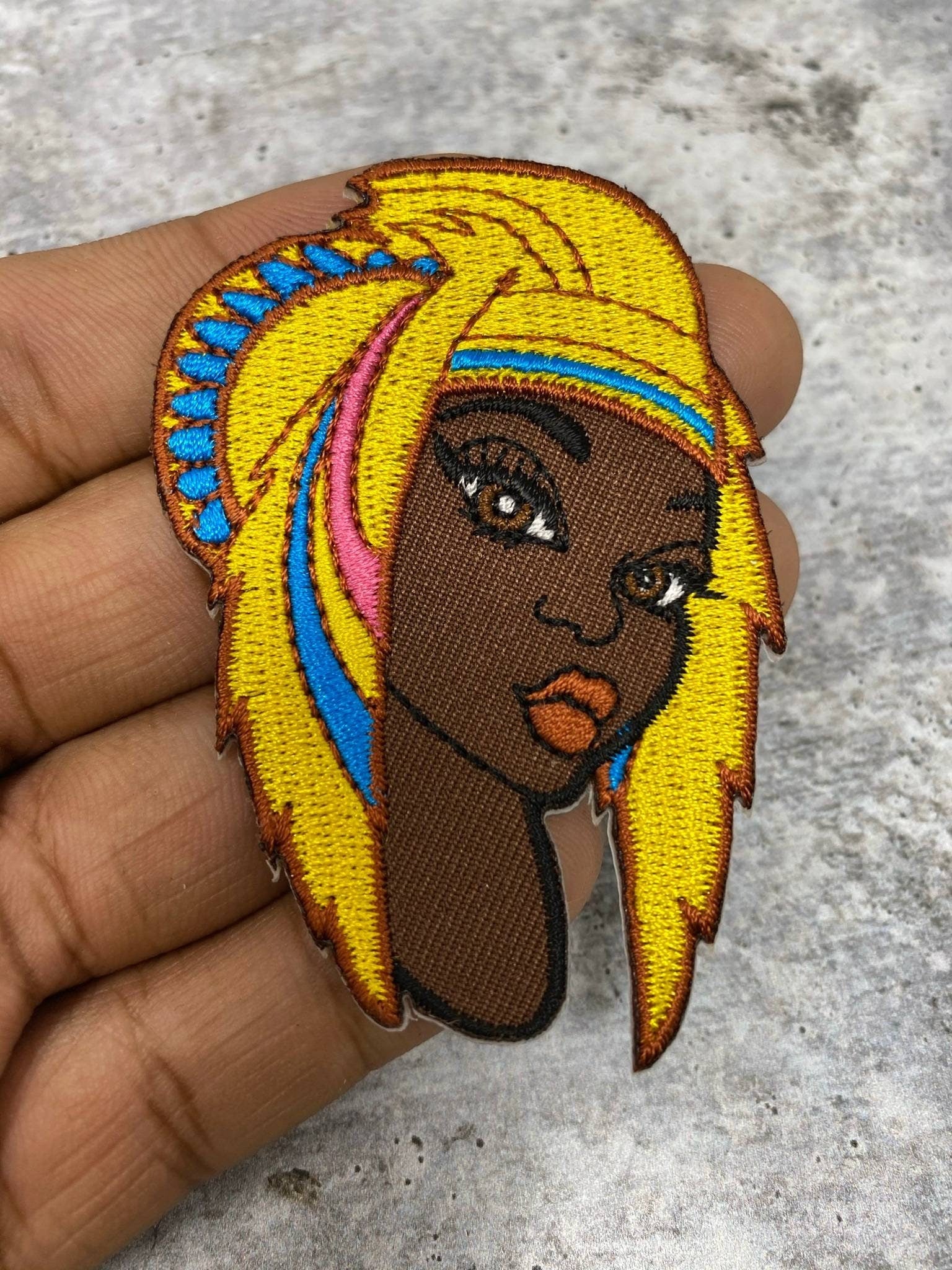 Cute, "Warrior Princess" With Head Gear, Yellow, Blue, Pink Hair, Size 3" iron-on; Black Girl Magic Patch, Small Patch for Crocs & Clothes
