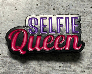 New, Enamel Pin "SELFIE Queen" Purple & Pink, Exclusive Lapel Pin, Size 1.77 inches, w/Butterfly Clutch, Cool Pin For Apparel