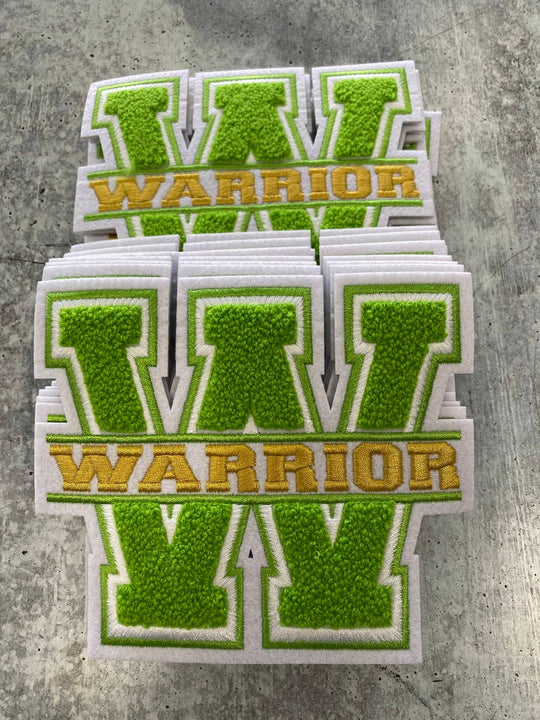 New, 1-pc, Monogram Letter, "W" Royalty, Chenille Iron-on Patch, Size 6", Green|Gold|White, Varsity Patch for Jackets and More