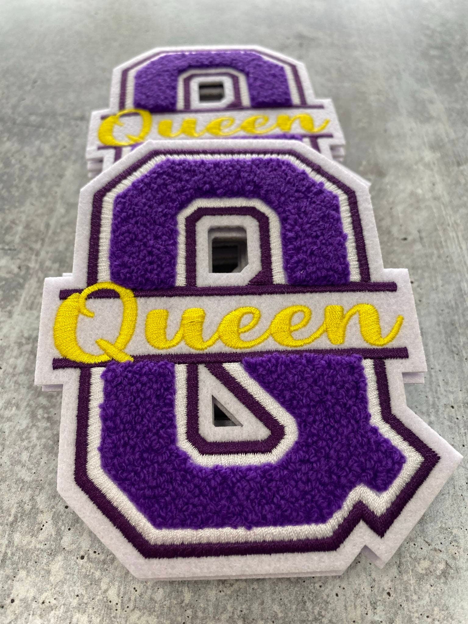 Chenille, Monogram Letter, "Q" Embroidered Word QUEEN, Purple, Yellow, White, Size 6", Iron-on Backing, Med Applique, Varsity Patch