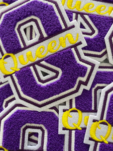 Chenille, Monogram Letter, "Q" Embroidered Word QUEEN, Purple, Yellow, White, Size 6", Iron-on Backing, Med Applique, Varsity Patch