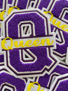 Chenille, Monogram Letter, "Q" Embroidered Word QUEEN, Purple, Yellow, White, Size 6", Iron-on Backing, Med Applique, Varsity Patch