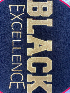 NEW, Chenille, "Black Excellence," LARGE Patch for Jackets or Hoodies, Size 10", Metallic Gold Wording, Red Border, Black History Month