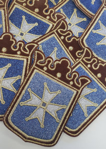 2-pc Set,"Medival Cross" Gold, Glitter, and Blue Metallic Royalty Crest with Brown Velvet, Small Emblem, Embroidered Patch, Iron-On, Size 3"