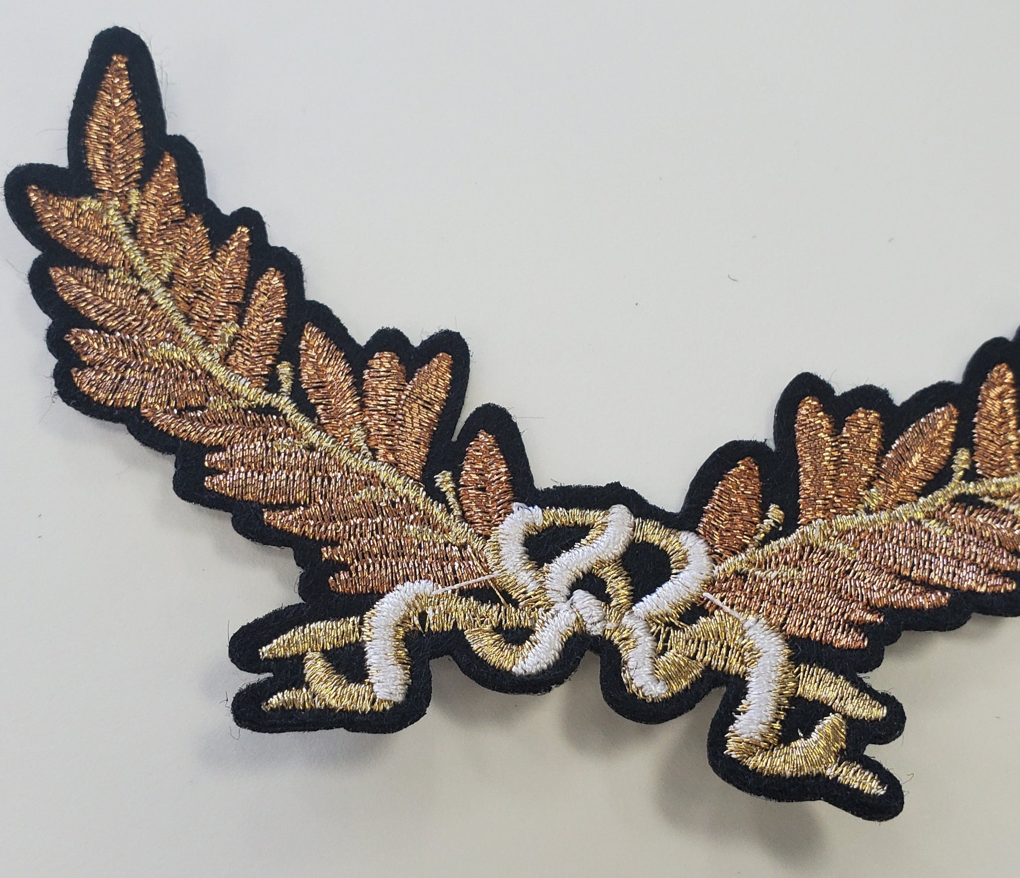 NEW, Feathered Wing Royalty Crest, Gold Metallic, Copper, and Black Emblem patch, DIY, Embroidered Applique Iron On Patch, Size 6"