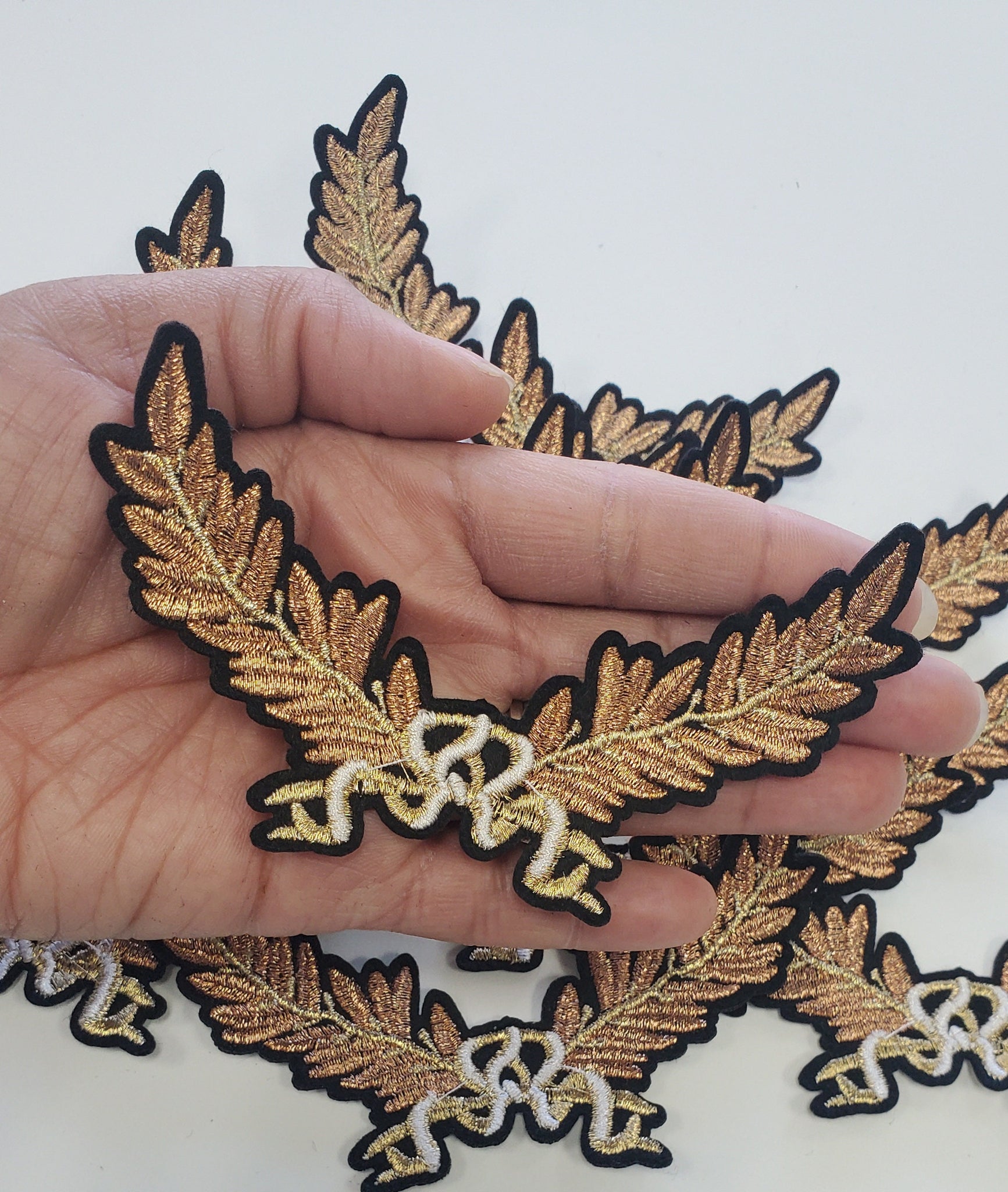 NEW, Feathered Wing Royalty Crest, Gold Metallic, Copper, and Black Emblem patch, DIY, Embroidered Applique Iron On Patch, Size 6"