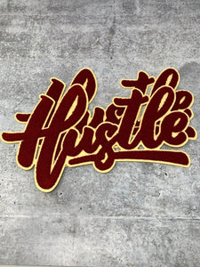 Exclusive, Burgundy & Beige "Hustle" Chenille Patch (iron-on) Size 10"x8", Varsity Patch for Denim Jacket, Shirts and Hoodies, Large Patch