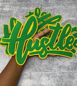 Exclusive, Green & Gold "Hustle" Chenille Patch (iron-on) Size 10"x8", Varsity Patch for Denim Jacket, Shirts and Hoodies, Large Patch