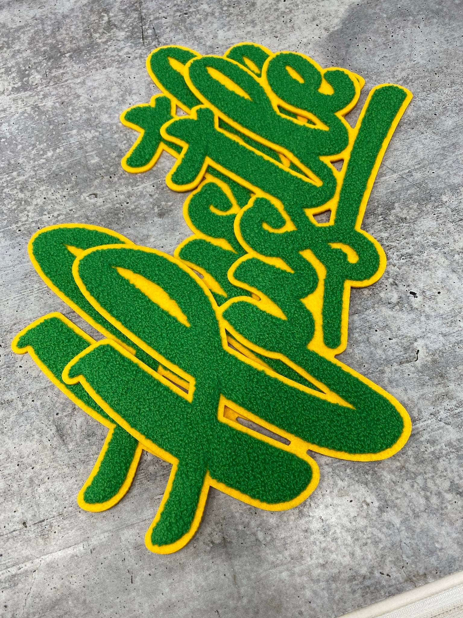 Exclusive, Green & Gold "Hustle" Chenille Patch (iron-on) Size 10"x8", Varsity Patch for Denim Jacket, Shirts and Hoodies, Large Patch