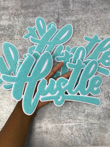 Exclusive, Tiffany Blue & White "Hustle" Chenille Patch (iron-on) Size 10"x8", Varsity Patch for Denim, Shirts and Hoodies, Large Patch