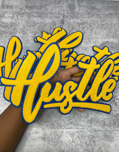 Exclusive, Yellow & Navy Blue "Hustle" Chenille Patch (iron-on) Size 10"x8", Varsity Patch for Denim, Shirts and Hoodies, Large Patch