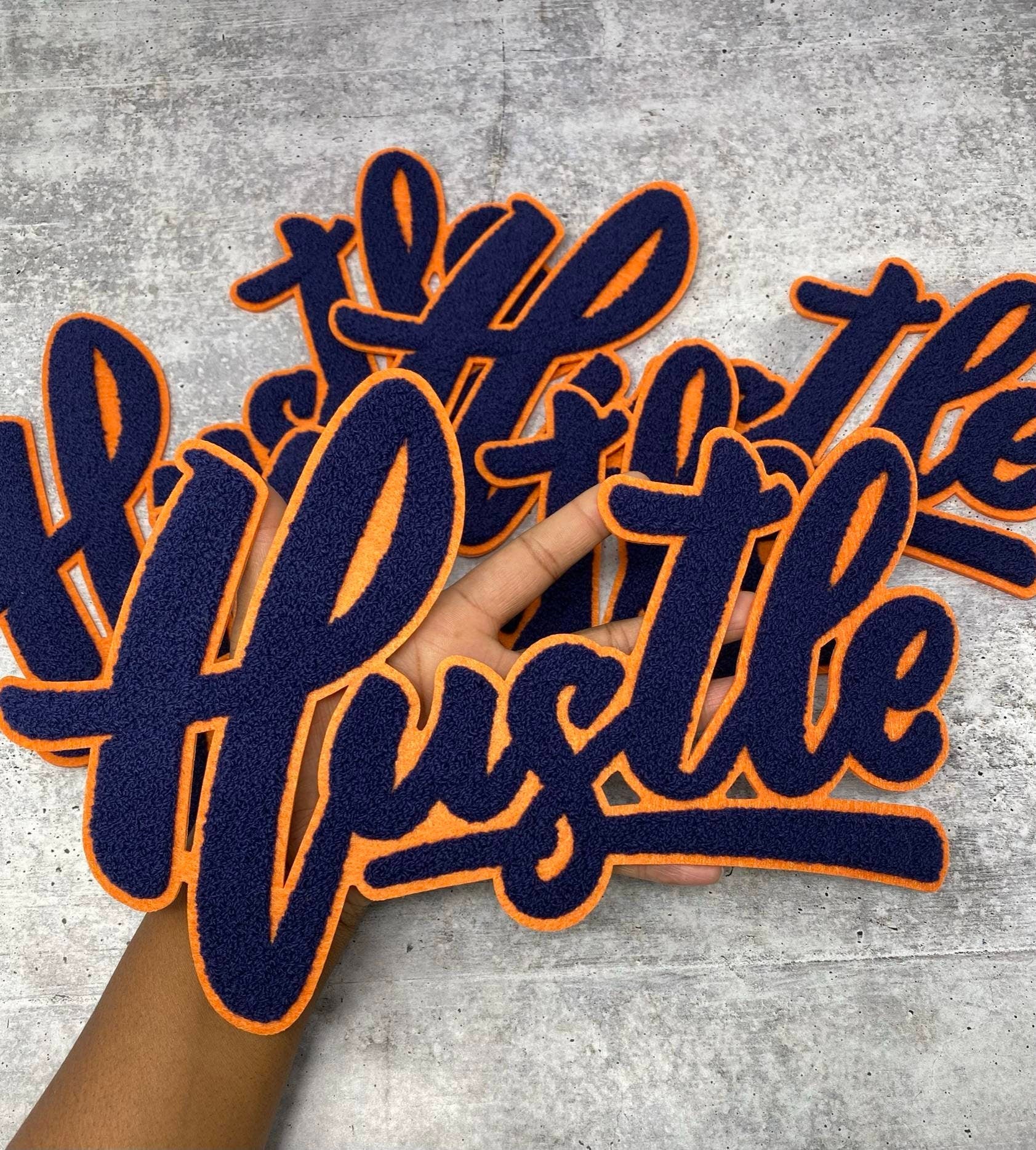 Exclusive, Navy Blue & Orange "Hustle" Chenille Patch (iron-on) Size 10"x8", Varsity Patch for Denim, Shirts and Hoodies, Large Patch