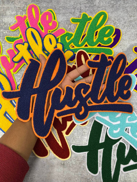 Exclusive, Navy Blue & Orange "Hustle" Chenille Patch (iron-on) Size 10"x8", Varsity Patch for Denim, Shirts and Hoodies, Large Patch