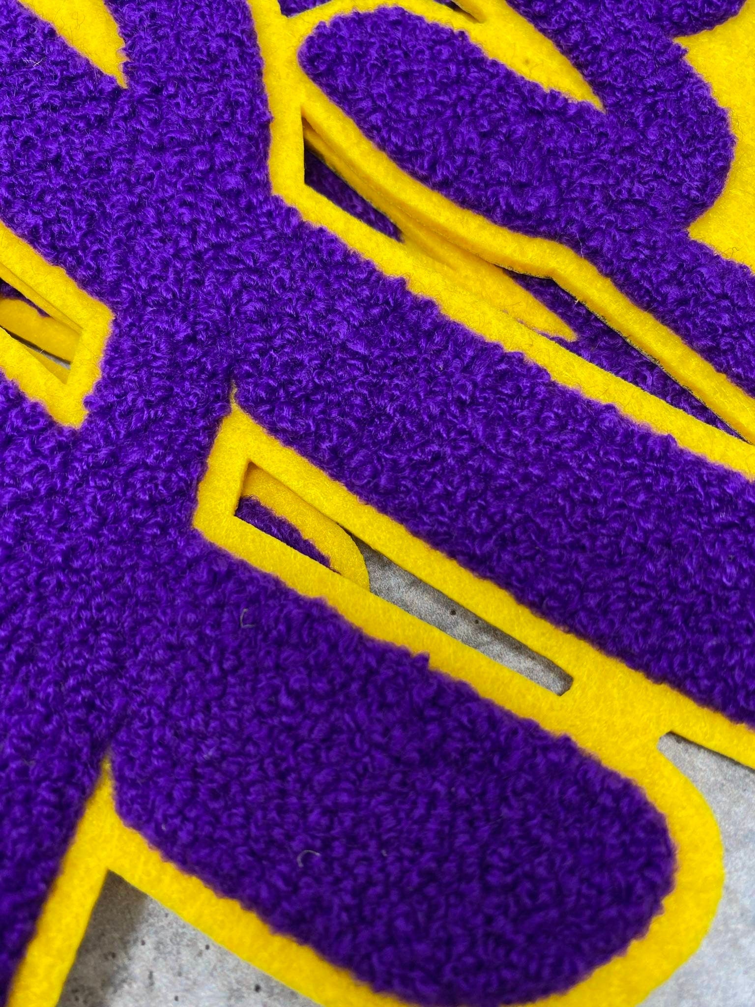 Exclusive, Purple & Gold "Hustle" Chenille Patch (iron-on) Size 10"x8", Varsity Patch for Denim, Shirts and Hoodies, Large Patch