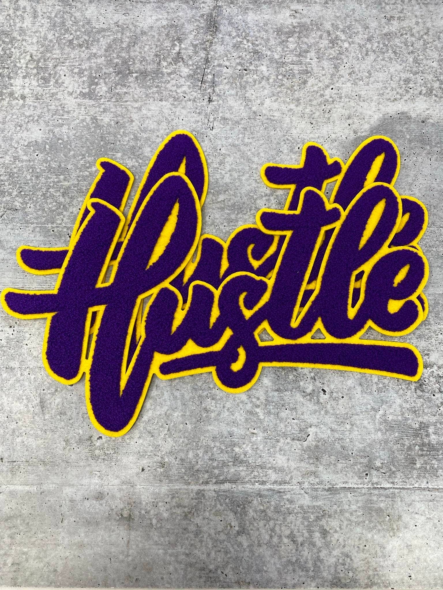 Exclusive, Purple & Gold "Hustle" Chenille Patch (iron-on) Size 10"x8", Varsity Patch for Denim, Shirts and Hoodies, Large Patch
