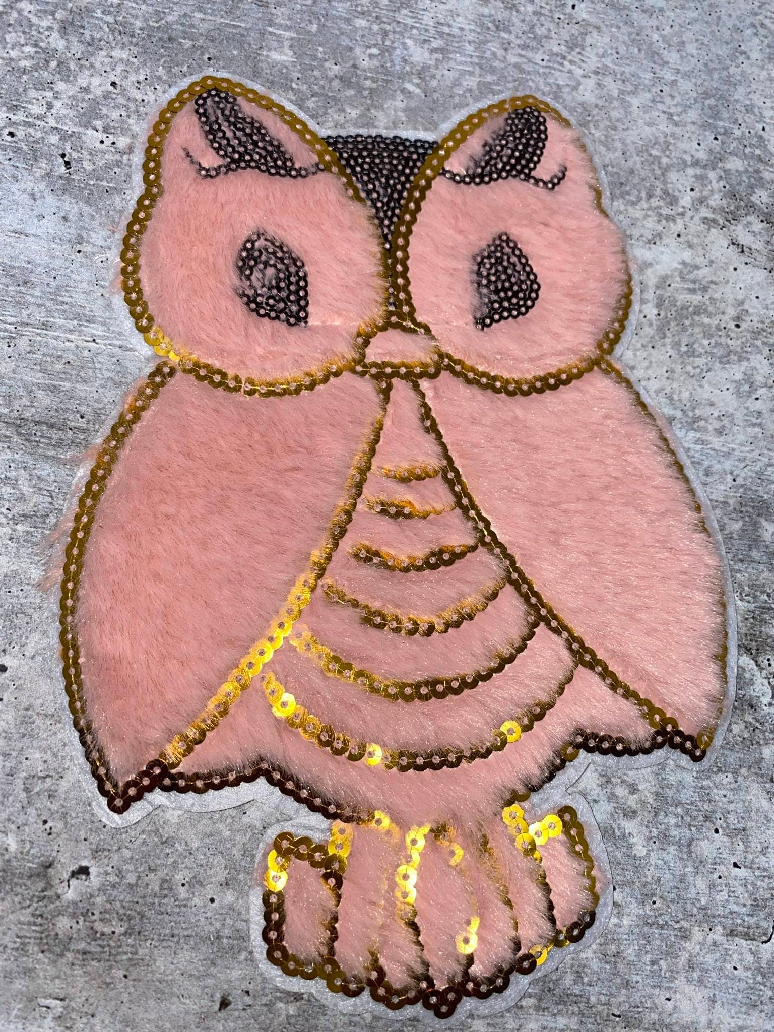 NEW, Pink & Gold, "OWL" Patch, Size 8", (sew-on), 1-pc Faux Fur and Sequins Fashion Applique, Patch for Clothing, Girls Jacket or Sweater