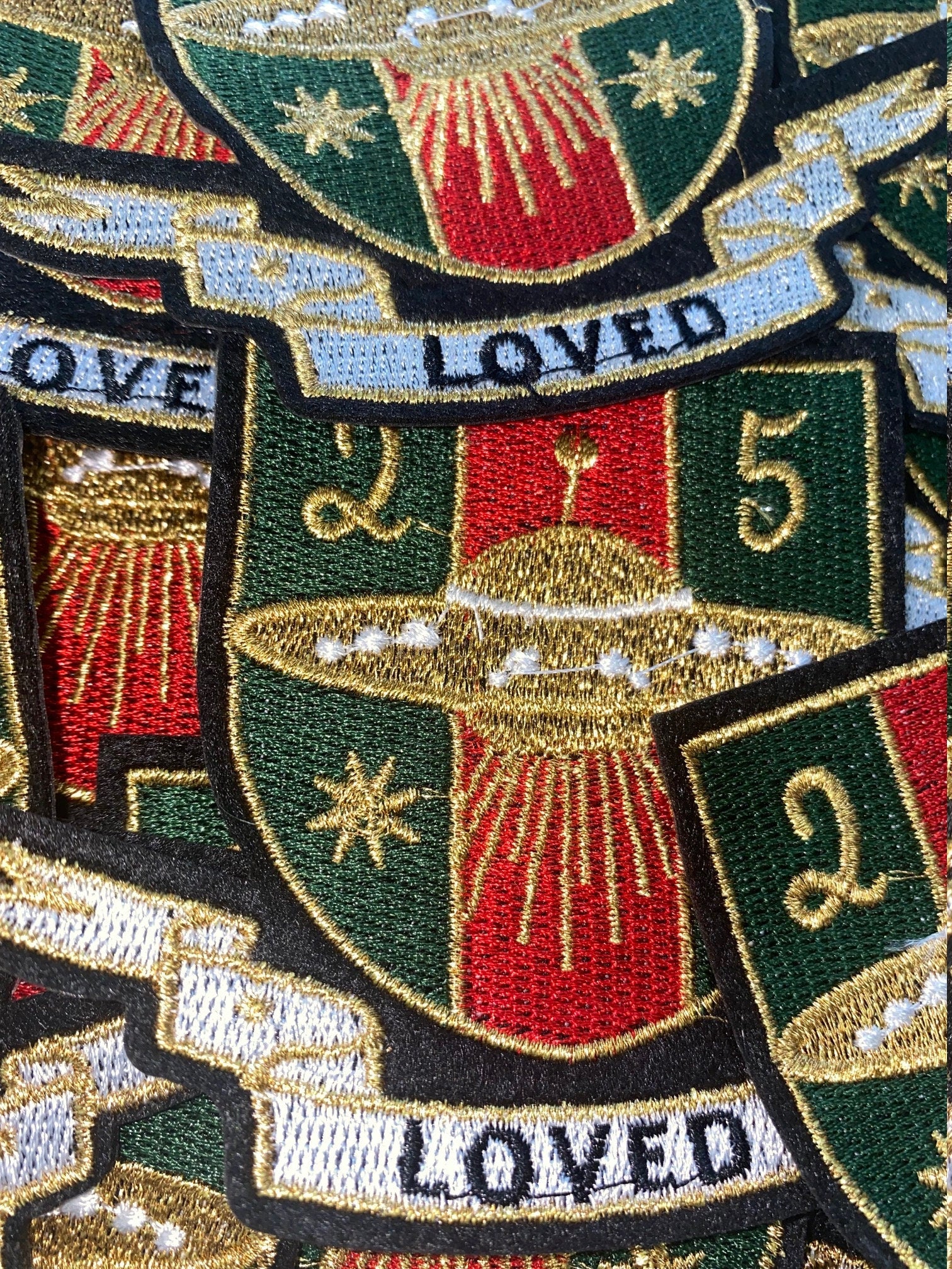 NEW, Vintage "25 LOVED" Spaceship, Red/Green/Gold Metallic Emblem patch, DIY, Embroidered Applique Iron On Patch, Size 3.5", 1-pc