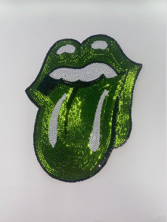 Sequins Green Iridescent KISS Lips and Tongue Patch (sew-on) Size 13", LARGE Bling Patch for Denim Jacket, Shirts, Hoodies, and More