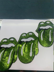 Sequins Green Iridescent KISS Lips and Tongue Patch (sew-on) Size 13", LARGE Bling Patch for Denim Jacket, Shirts, Hoodies, and More
