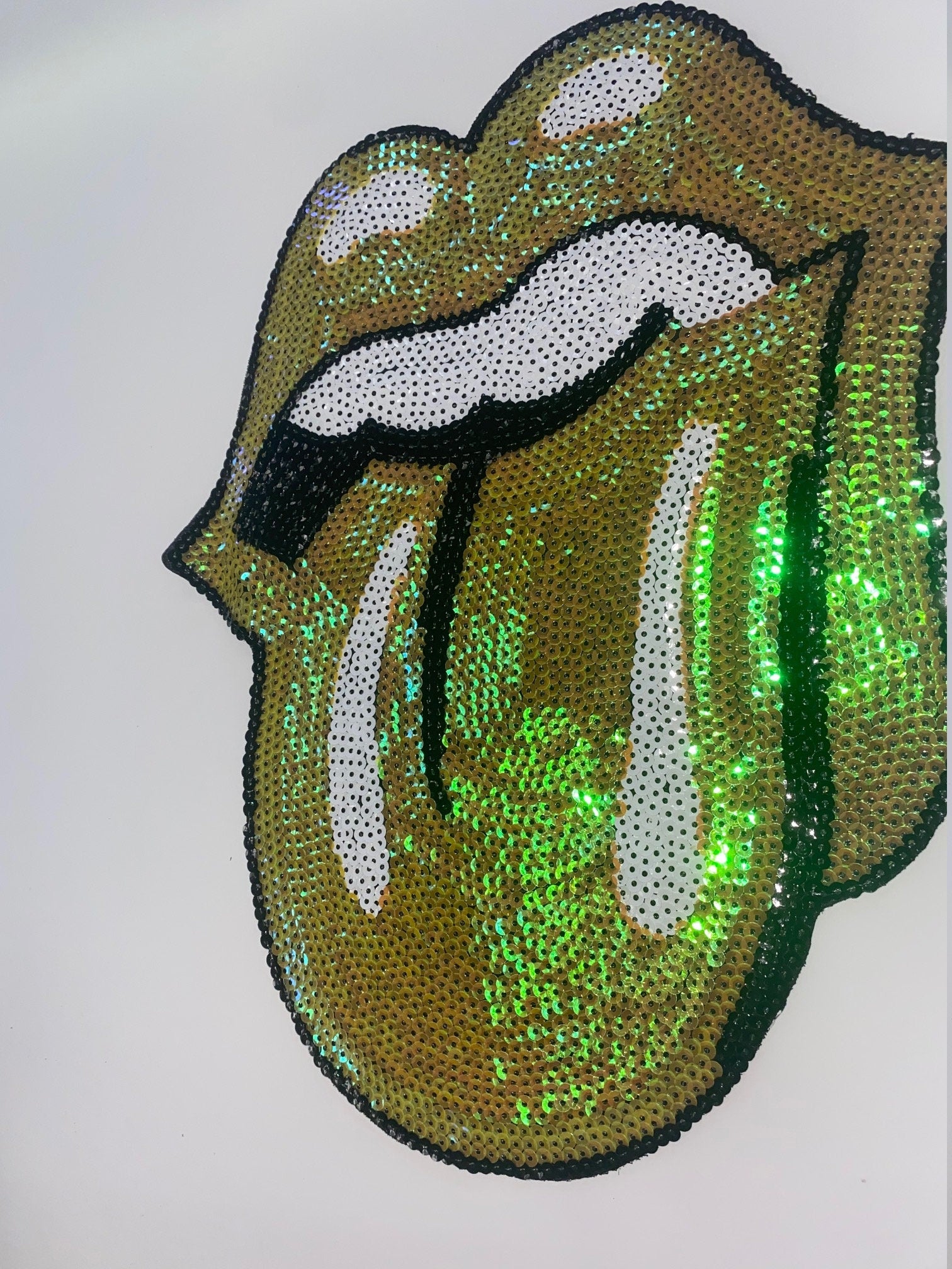 Sequins Yellow Iridescent KISS Lips and Tongue Patch (sew-on) Size 13", LARGE Bling Patch for Denim Jacket, Shirts, Hoodies, and More