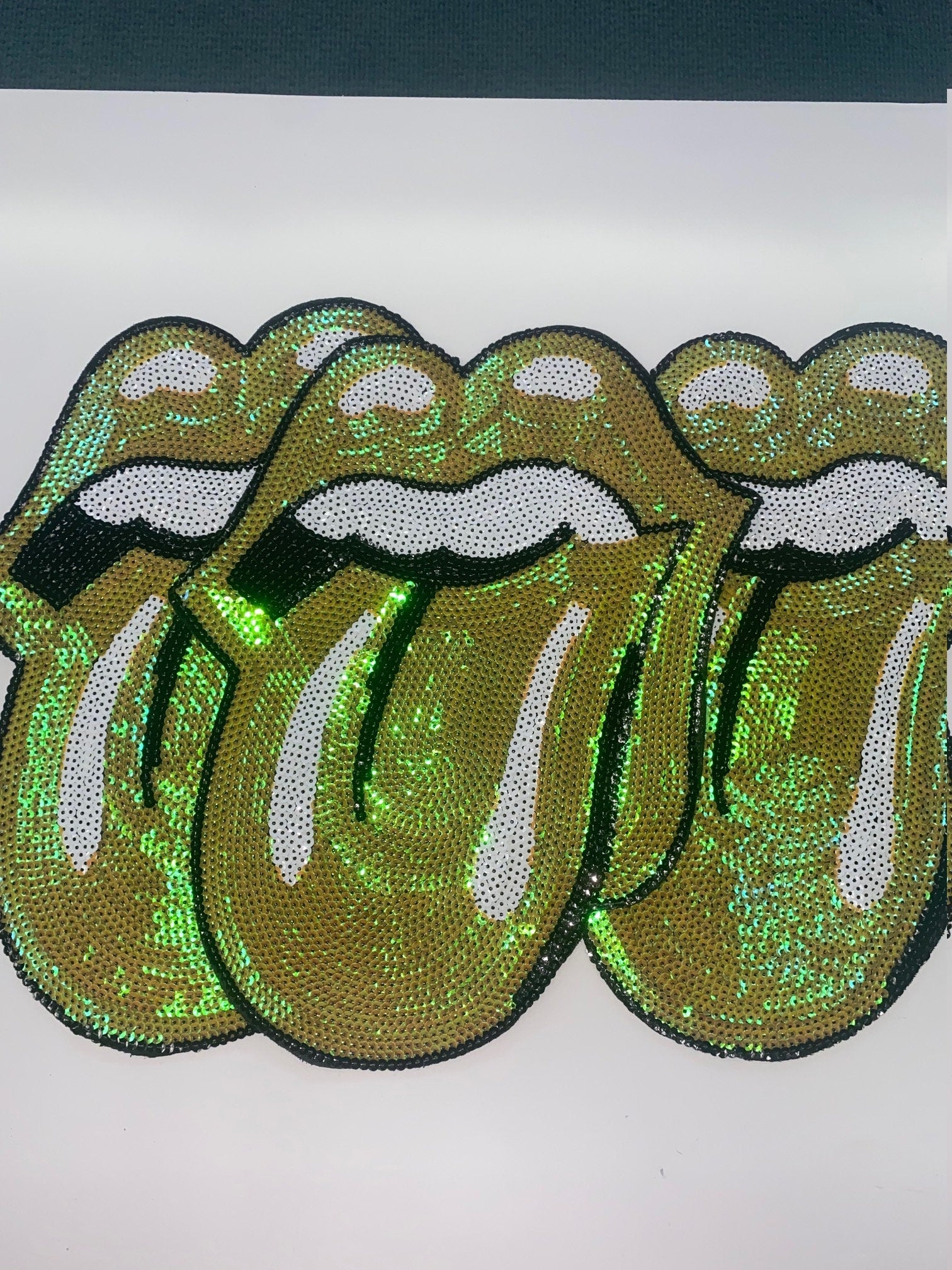 Sequins Yellow Iridescent KISS Lips and Tongue Patch (sew-on) Size 13", LARGE Bling Patch for Denim Jacket, Shirts, Hoodies, and More