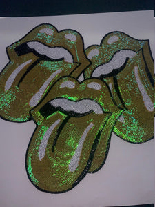 Sequins Yellow Iridescent KISS Lips and Tongue Patch (sew-on) Size 13", LARGE Bling Patch for Denim Jacket, Shirts, Hoodies, and More