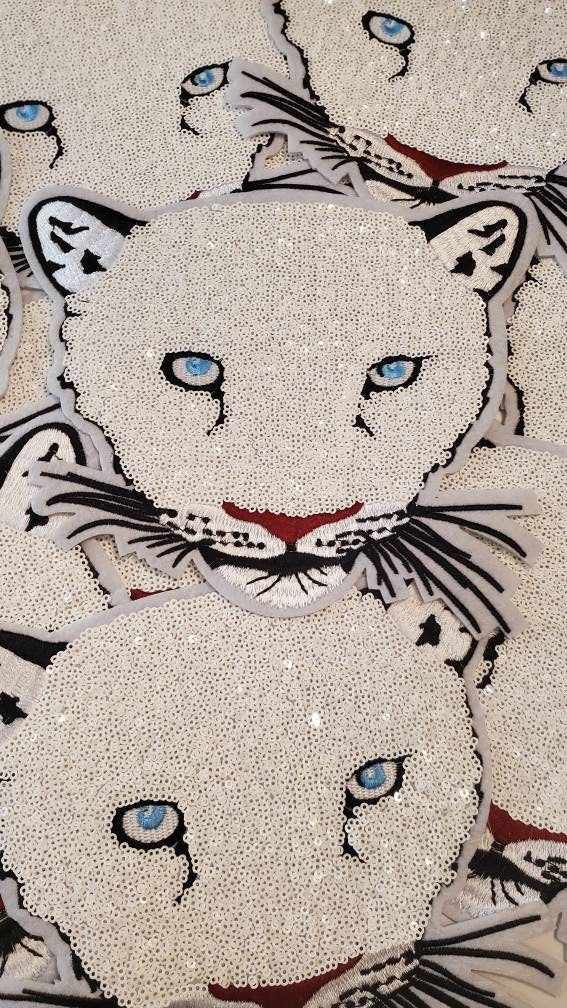 New Arrival, WHITE Sequins "Panther" Head, Iron-On Patch, Large Patch; Bling Patch, DIY Applique; Multicolor Patch, Size 9"