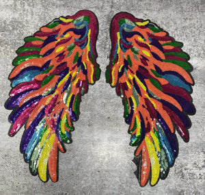 Multi-Color "Orange Kaleidoscope" Exclusive Sequins Angel Wings, Large Wings (iron-on) Size 10"x5.5", Sparkly Patch for Denim Jacket, Shirts