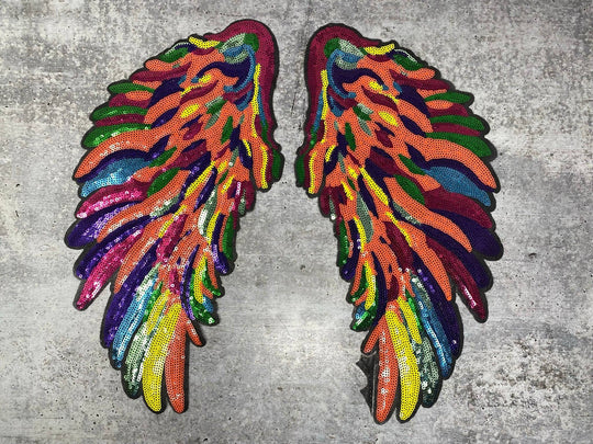 Multi-Color "Orange Kaleidoscope" Exclusive Sequins Angel Wings, Large Wings (iron-on) Size 10"x5.5", Sparkly Patch for Denim Jacket, Shirts