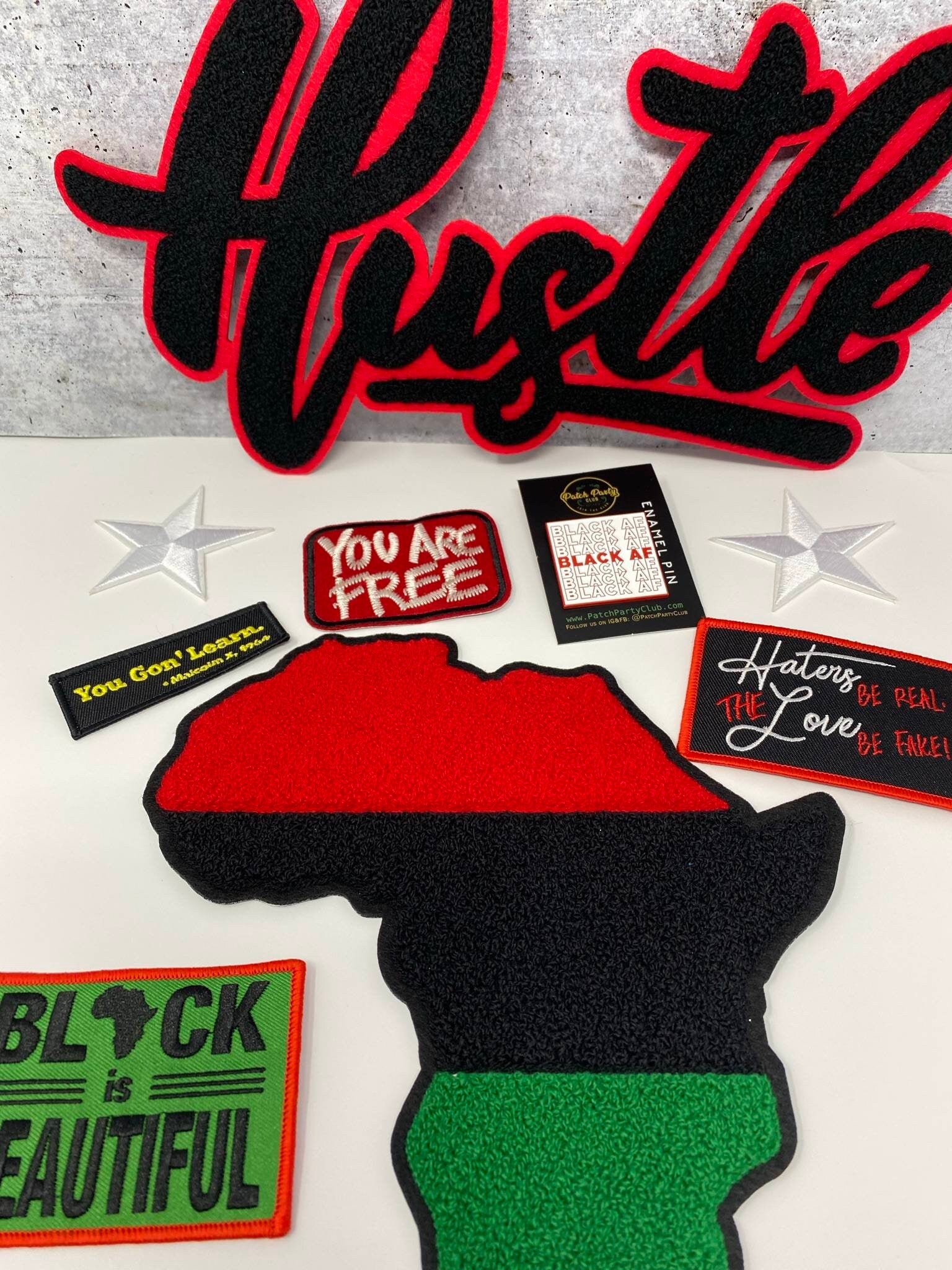 Exclusive, 9-pc "Hustle" Patch Bundle Set, Variety of Patches + 1 "Black AF" Enamel Pin, Unisex Gift Set, Iron-on Patches, DIY, Large Bundle