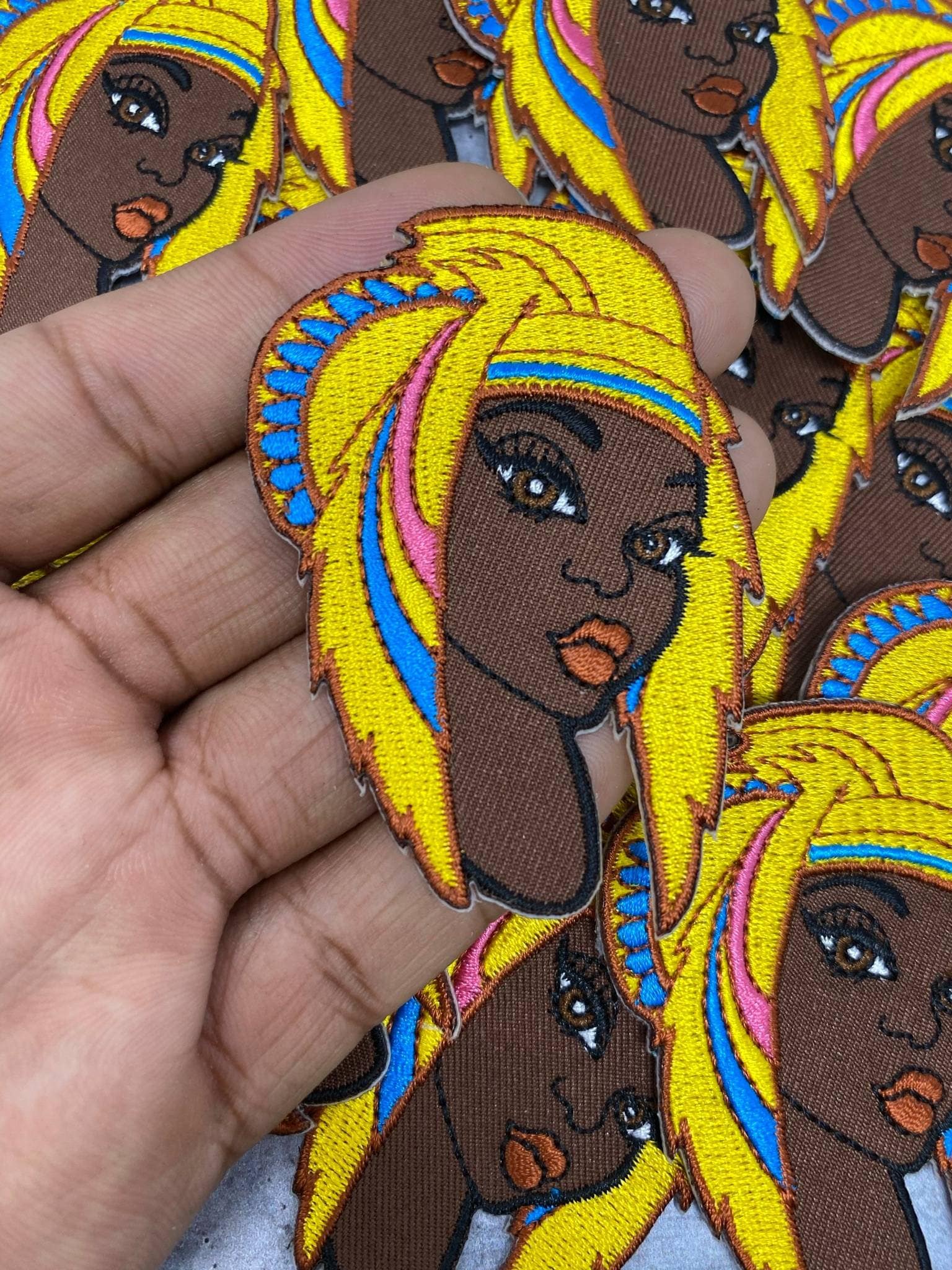 Cute, "Warrior Princess" With Head Gear, Yellow, Blue, Pink Hair, Size 3" iron-on; Black Girl Magic Patch, Small Patch for Crocs & Clothes