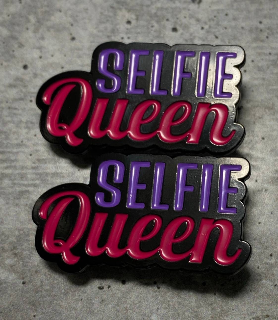 New, Enamel Pin "SELFIE Queen" Purple & Pink, Exclusive Lapel Pin, Size 1.77 inches, w/Butterfly Clutch, Cool Pin For Apparel