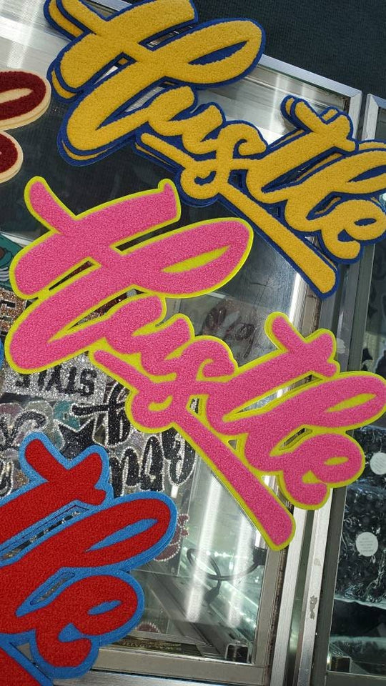 Choose Your Color: "Hustle" Chenille Patch (iron-on) Size 10"x8", Varsity Patch for Denim Jacket, Shirts and Hoodies, Large Patch, Exclusive