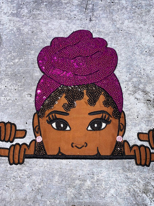 New, SEQUINS & Satin Peek-a-boo "Sasha" 7"x7.6" Patch, Iron-on/Sew-on, Exclusive Applique, Patch for Girls Jacket, Bling Patch