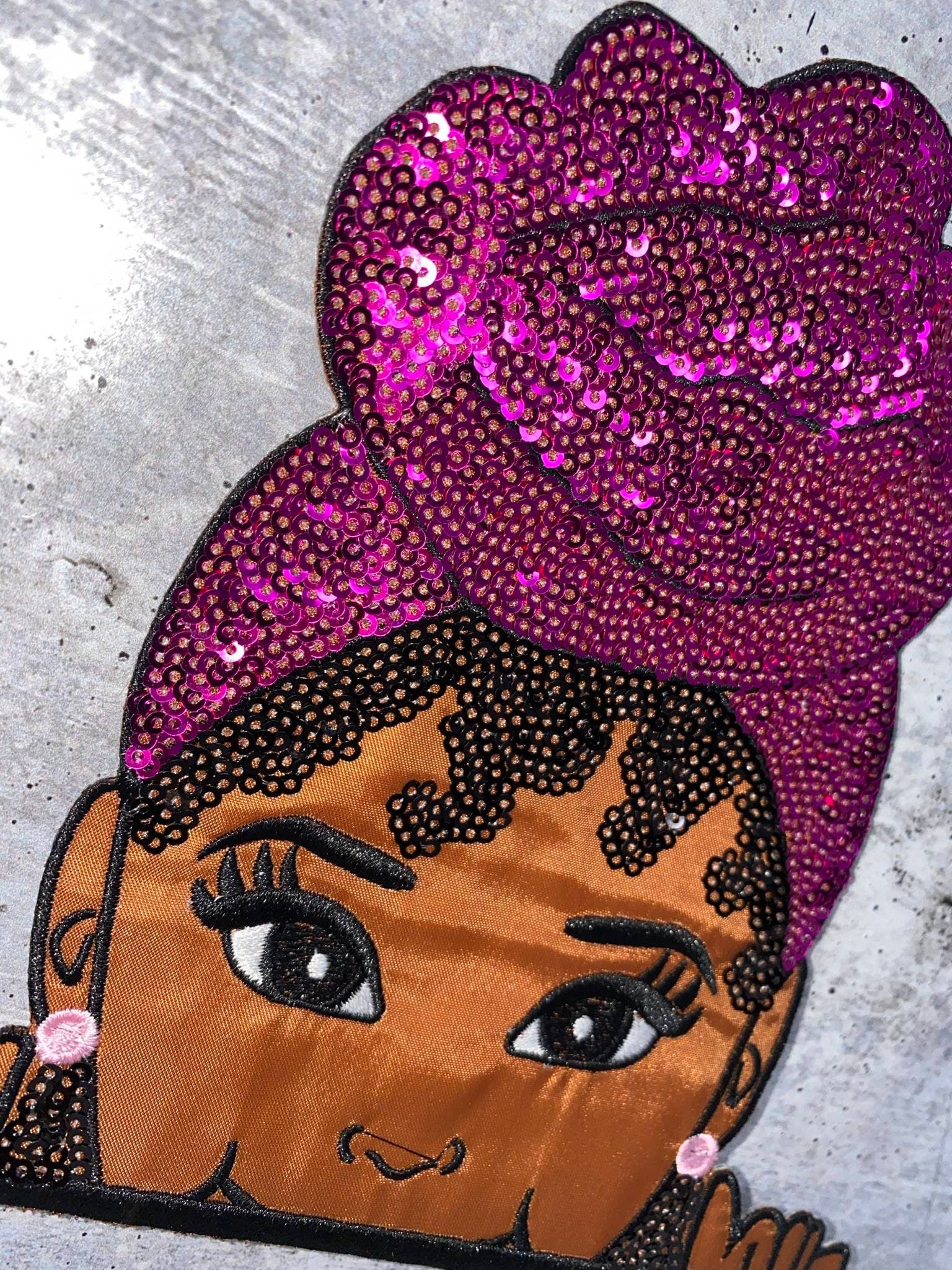 New, SEQUINS & Satin Peek-a-boo "Sasha" 7"x7.6" Patch, Iron-on/Sew-on, Exclusive Applique, Patch for Girls Jacket, Bling Patch