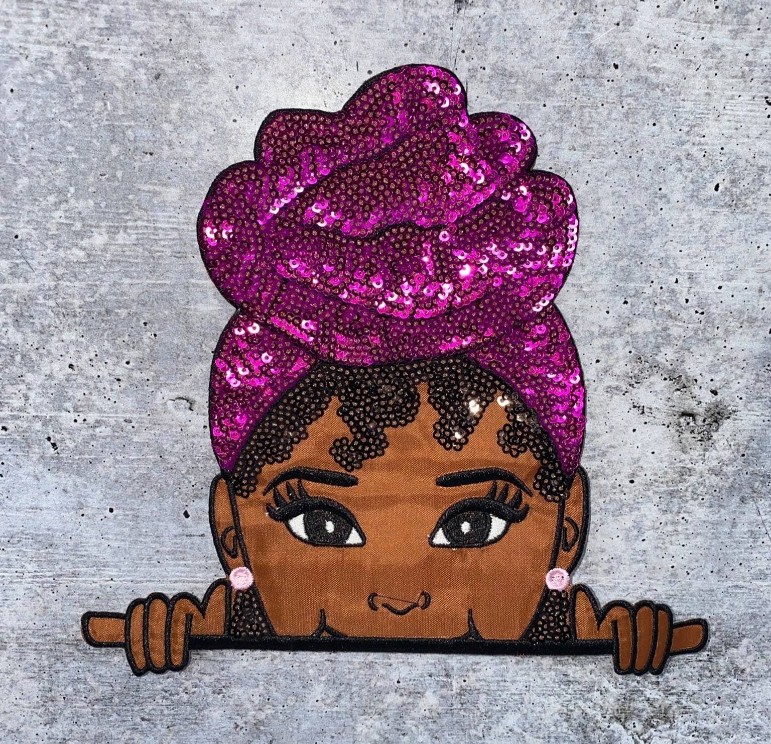 New, SEQUINS & Satin Peek-a-boo "Sasha" 7"x7.6" Patch, Iron-on/Sew-on, Exclusive Applique, Patch for Girls Jacket, Bling Patch