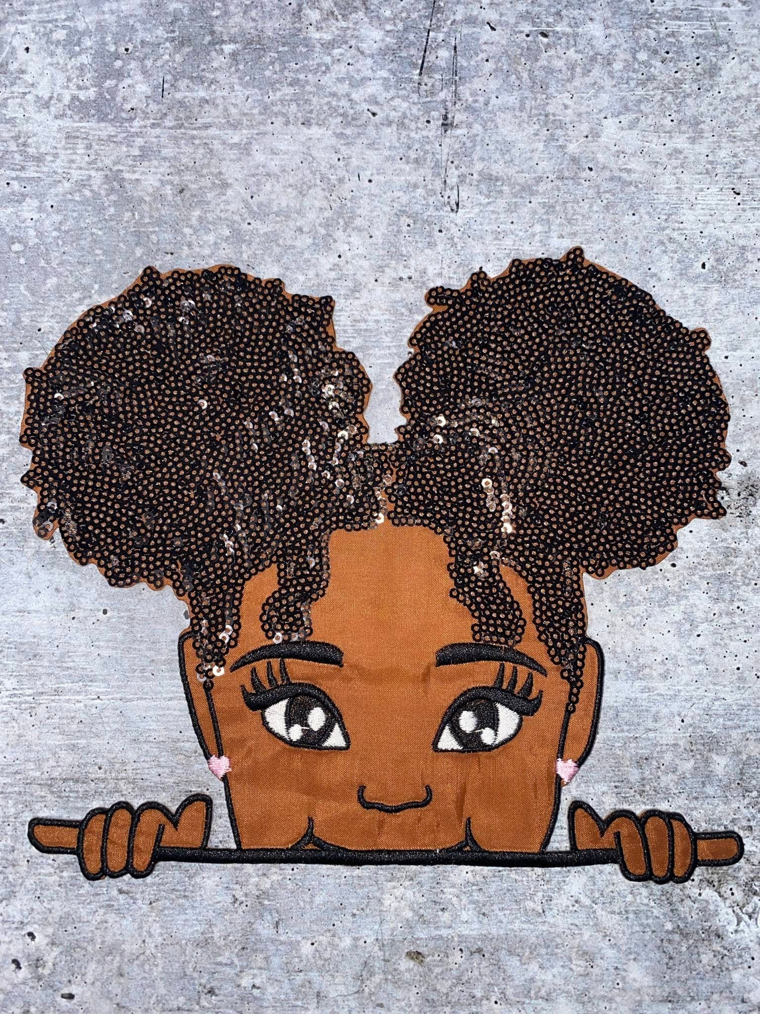 New, SEQUINS & Satin Peek-a-boo "Lisa" with Afro Puffs, Size 7"x7.6" Patch, Iron-on/Sew-on, Patch for Girls Jacket, Bling Patch