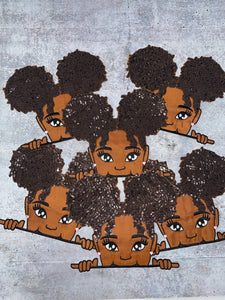 New, SEQUINS & Satin Peek-a-boo "Lisa" with Afro Puffs, Size 7"x7.6" Patch, Iron-on/Sew-on, Patch for Girls Jacket, Bling Patch