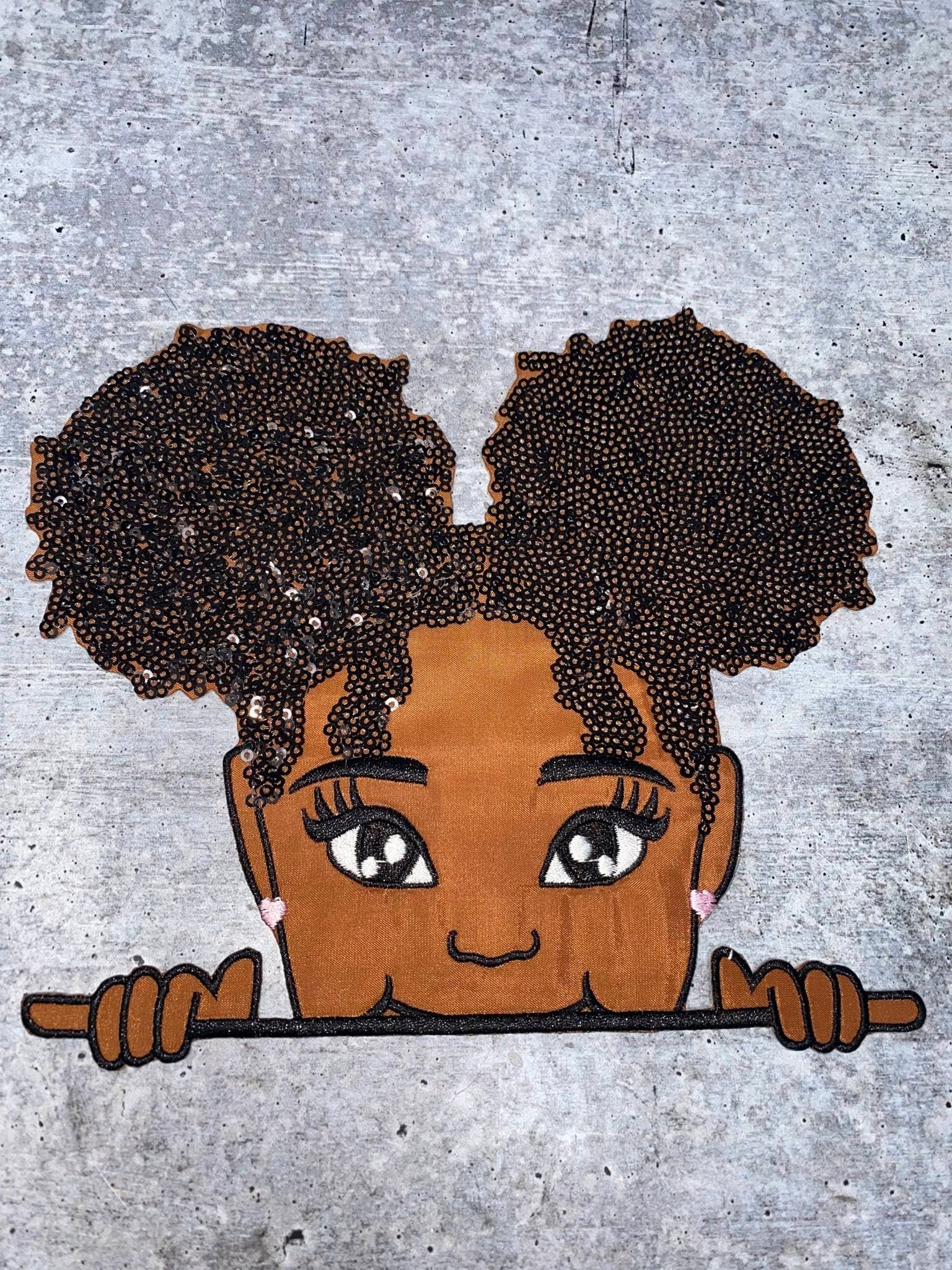 New, SEQUINS & Satin Peek-a-boo "Lisa" with Afro Puffs, Size 7"x7.6" Patch, Iron-on/Sew-on, Patch for Girls Jacket, Bling Patch
