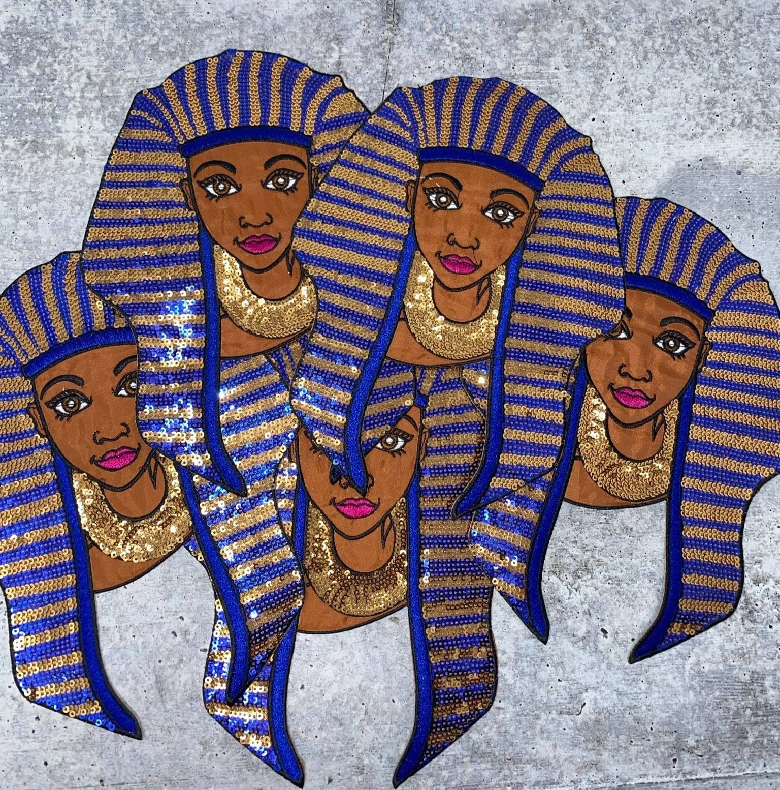 Satin & Sequins, "Nefertiti Queen", Size 9.5" x 7" Iron-on  Afrocentric Patch; Cute Black Girl Patch, Blue and Gold Exclusive Accessories