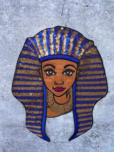 Satin & Sequins, "Nefertiti Queen", Size 9.5" x 7" Iron-on  Afrocentric Patch; Cute Black Girl Patch, Blue and Gold Exclusive Accessories