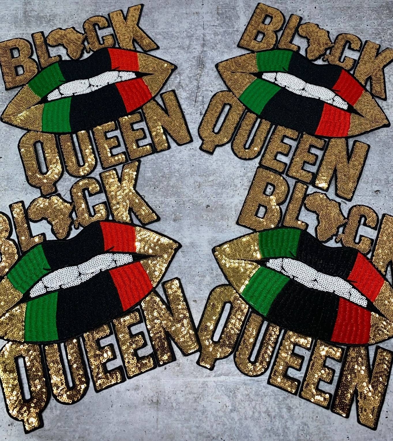 New, Sequins,"Black Queen" Gold/Green/Black/Red Lips, (iron-on) Size 10.5", LARGE Bling Patch for Denim Jacket, Shirts, Hoodies, and More