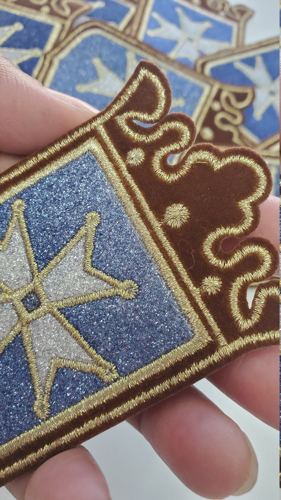 2-pc Set,"Medival Cross" Gold, Glitter, and Blue Metallic Royalty Crest with Brown Velvet, Small Emblem, Embroidered Patch, Iron-On, Size 3"