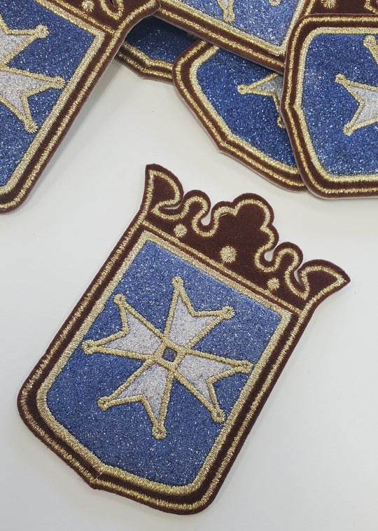 2-pc Set,"Medieval Cross" Gold, Glitter, and Blue Metallic Royalty Crest w/ Brown Velvet, Small Emblem, Embroidered Patch, Iron-On, Size 3"