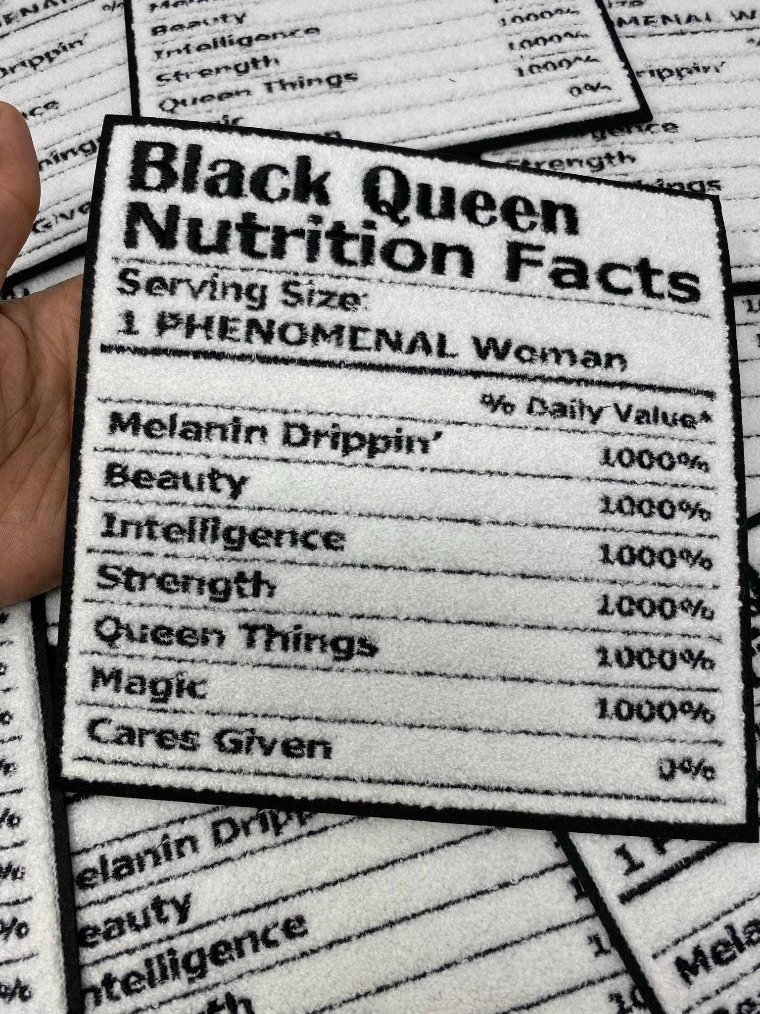 Popular Patch | Chenille "Black QUEEN Nutritional Facts" Patch, Iron or Sew-on Patch; Africa Patch, Patches for Jackets, Size 7"