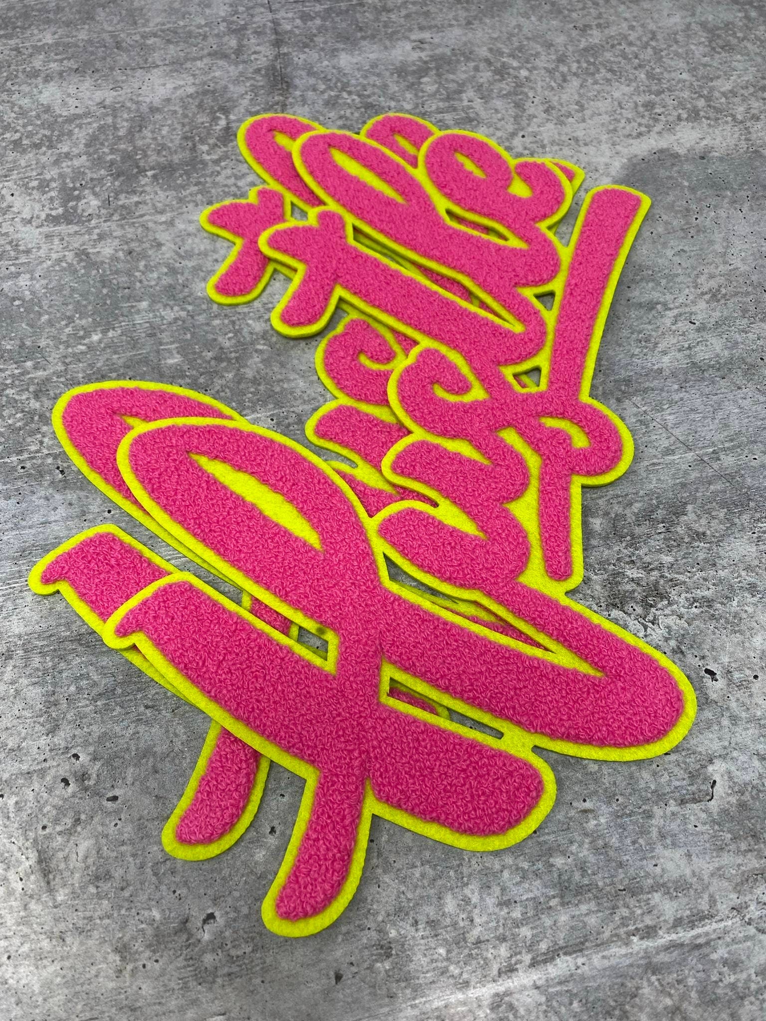 Exclusive, HOTT Pink & Green "Hustle" Chenille Patch (iron-on) Size 10"x8", Varsity Patch for Denim Jacket, Shirts and Hoodies, Large Patch