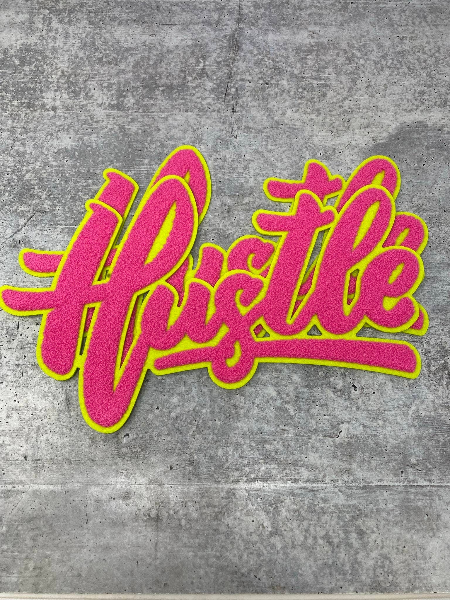 Exclusive, 1-pc, Pink & Green "Hustle" Chenille Patch (iron-on) Size 10"x8", Varsity Patch for Denim Jacket, Shirts and Hoodies, Large Patch